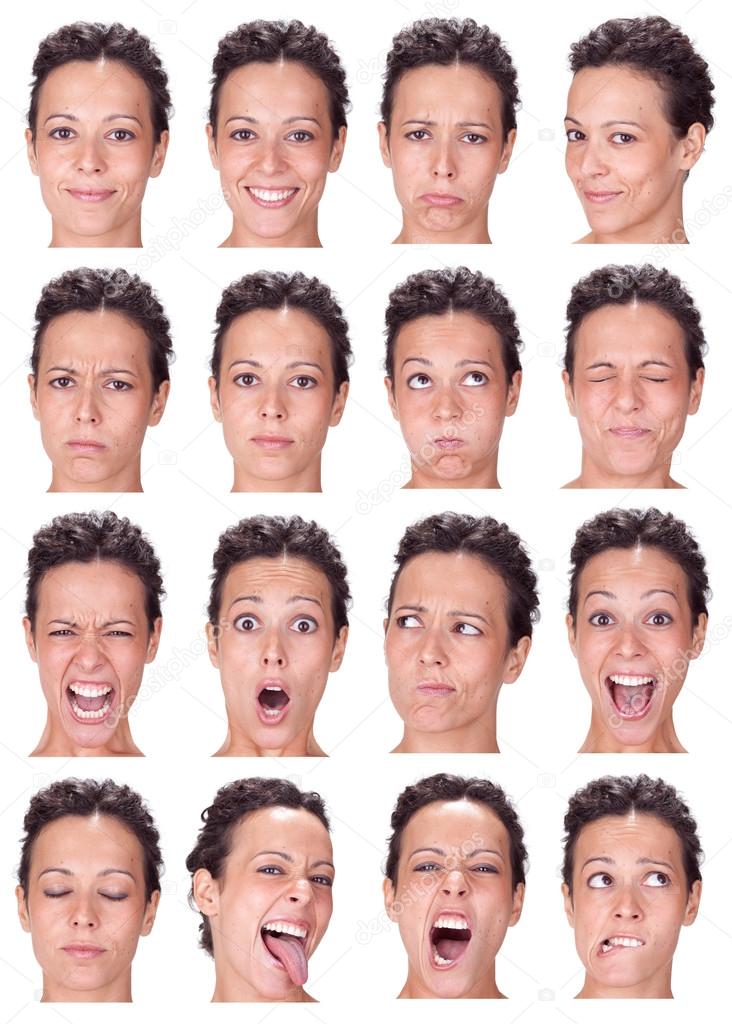 brunette black hair young caucasian woman collection set of face expression like happy, sad, angry, surprise, yawn isolated on white