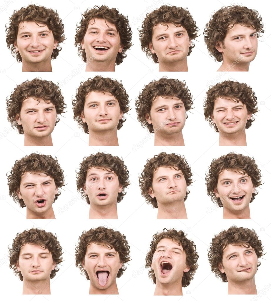 curly blonde caucasian young man collection set of face expression like happy, sad, angry, surprise, yawn isolated on white