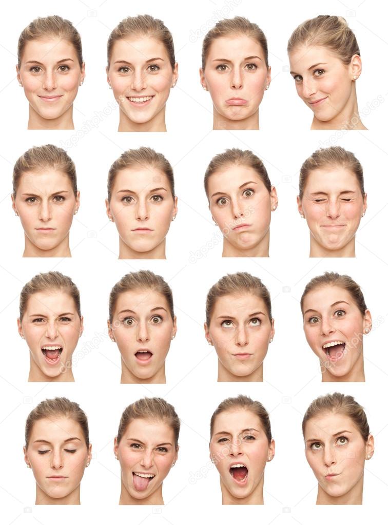 blonde young caucasian woman collection set of face expression like happy, sad, angry, surprise, yawn isolated on white