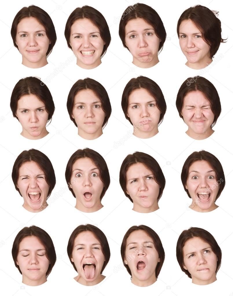 brunette young caucasian woman collection set of face expression like happy, sad, angry, surprise, yawn isolated on white