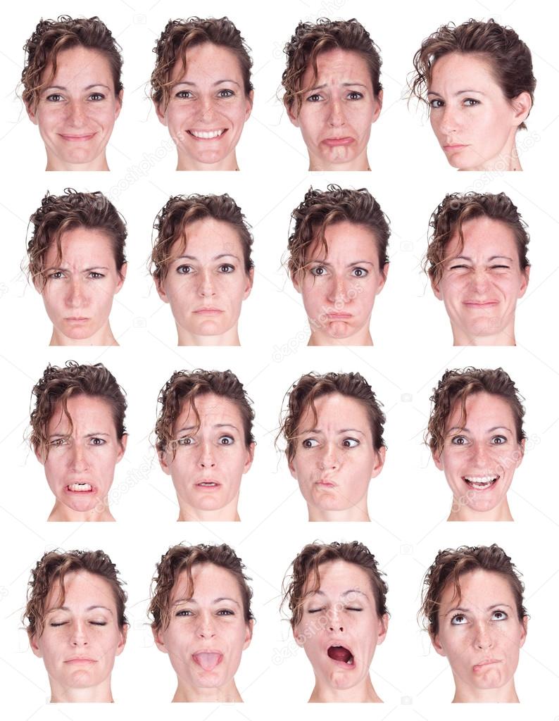 red head curly adult caucasian woman collection set of face expression like happy, sad, angry, surprise, yawn isolated on white