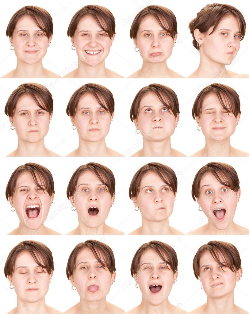 red head adult caucasian woman collection set of face expression like happy, sad, angry, surprise, yawn isolated on white