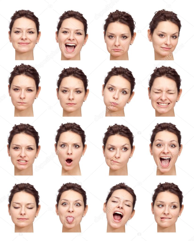 brunette beautiful young caucasian woman collection set of face expression like happy, sad, angry, surprise, yawn isolated on white