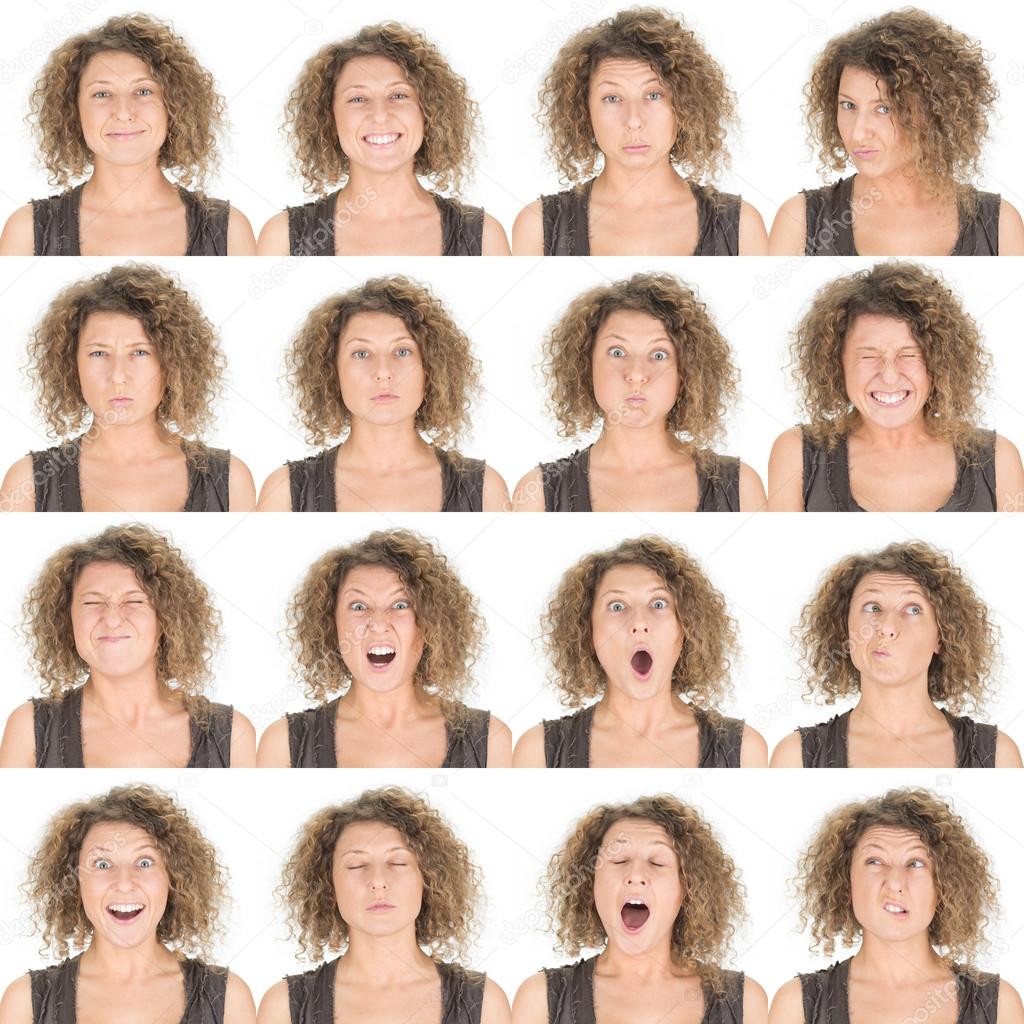 curly brunette young caucasian woman collection set of face expression like happy, sad, angry, surprise, yawn isolated on white