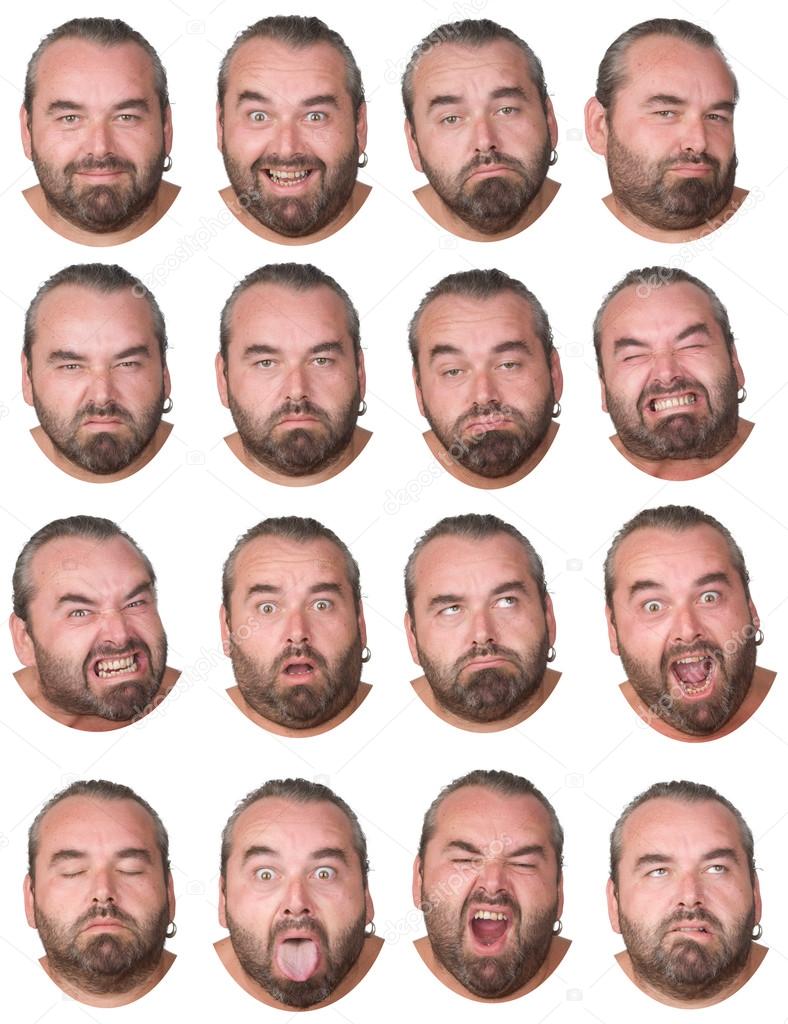 gray hair and beard fat caucasian man collection set of face expression like happy, sad, angry, surprise, yawn isolated on white