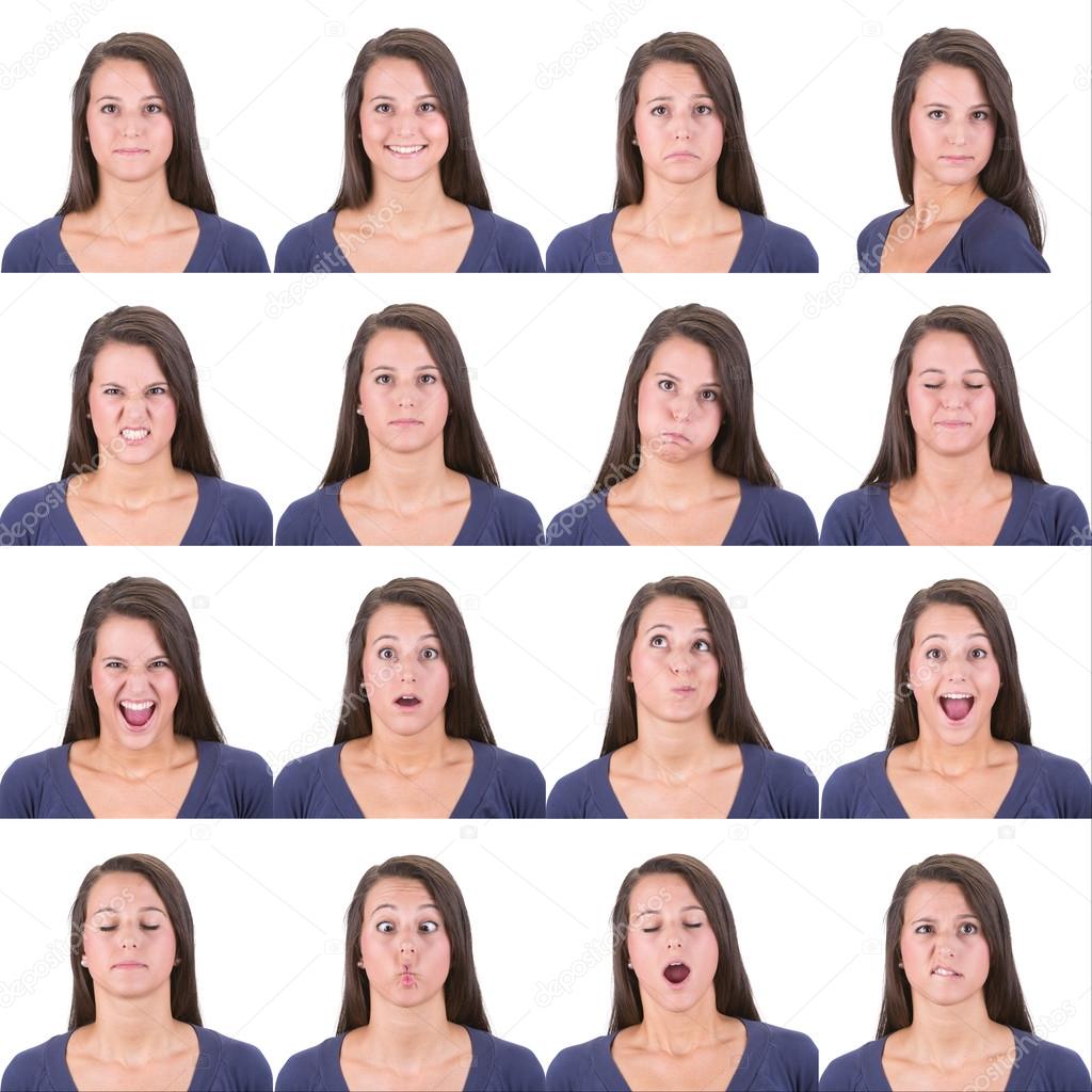 long hair brunette young casual caucasian woman collection set of face expression like happy, sad, angry, surprise, yawn isolated on white