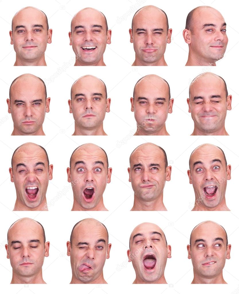 bald brunette adult caucasian man collection set of face expression like happy, sad, angry, surprise, yawn isolated on white