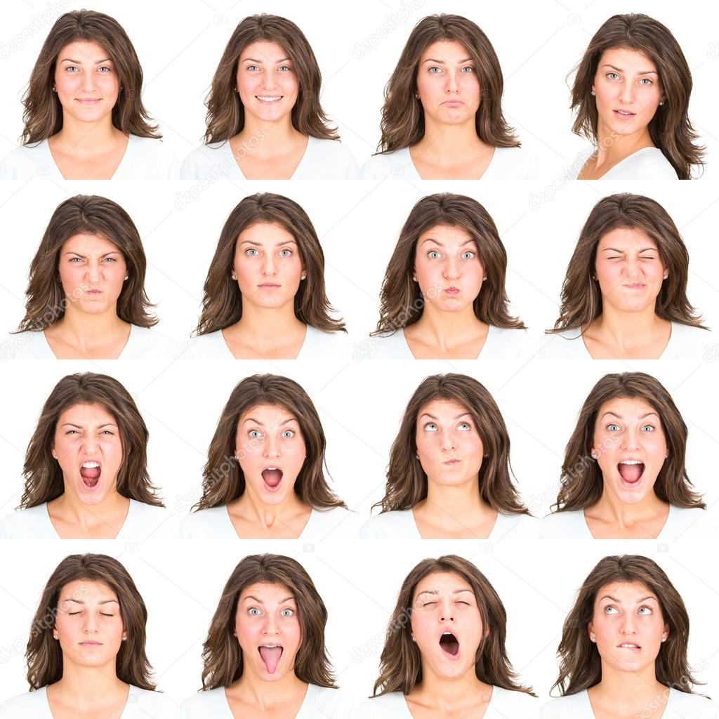 long hair brunette young casual caucasian woman collection set of face expression like happy, sad, angry, surprise, yawn isolated on white