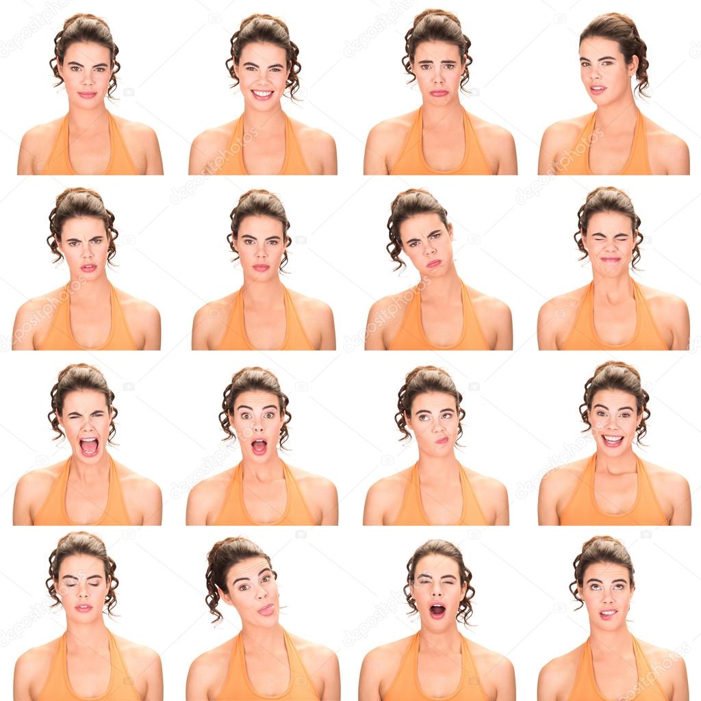 long and brown hair red lips young caucasian woman collection set of face expression like happy, sad, angry, surprise, yawn isolated on white