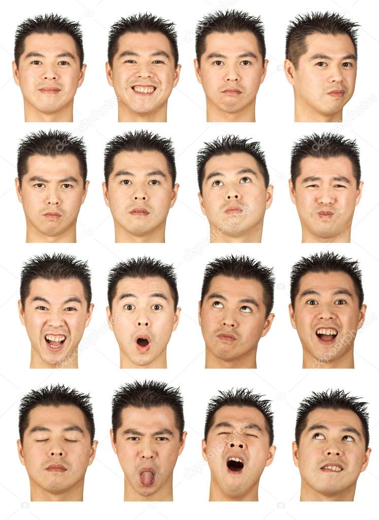 black hair young asian man collection set of face expression like happy, sad, angry, surprise, yawn isolated on white