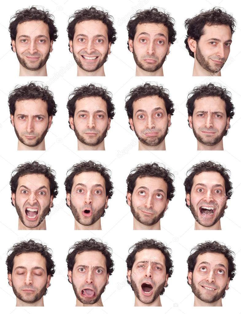 curly long hair and beard adult caucasian man collection set of face expression like happy, sad, angry, surprise, yawn isolated on white