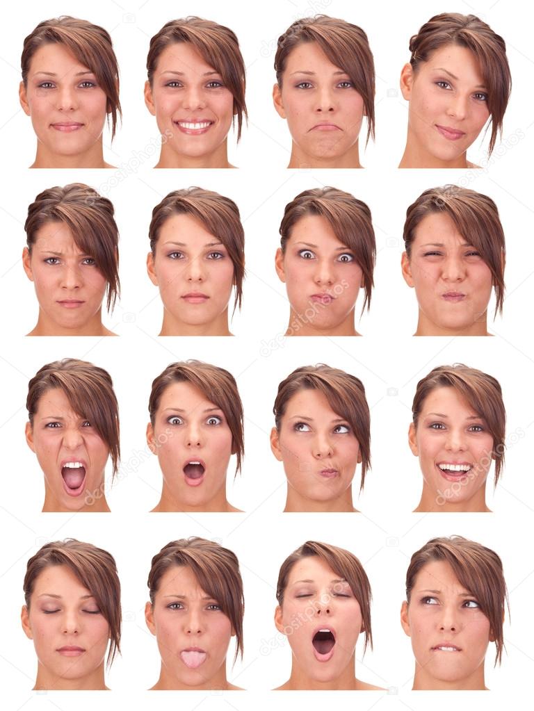 red head young caucasian woman collection set of face expression like happy, sad, angry, surprise, yawn isolated on white