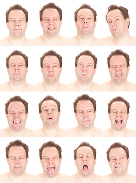 Bald red head adult caucasian man collection set of face expression like happy, sad, angry, surprise, yawn isolated on white — 스톡 사진