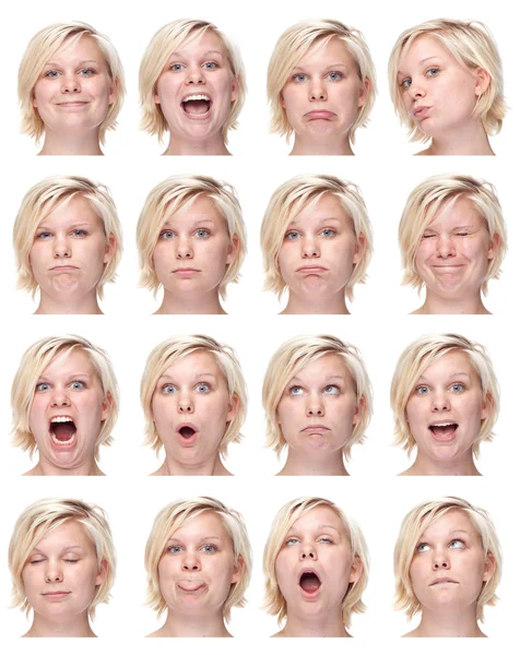 Blonde european young caucasian woman collection set of face expression like happy, sad, angry, surprise, yawn isolated on white — стокове фото