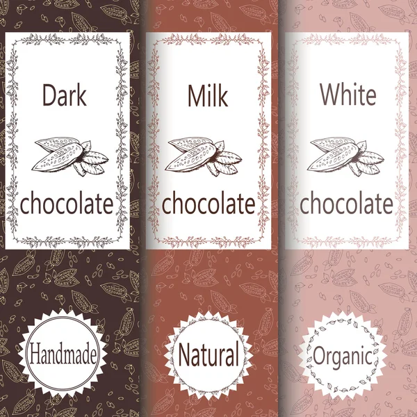 Vector set of design elements and seamless pattern for chocolate and cocoa packaging - labels and background in trendy  linear style — Stockvector