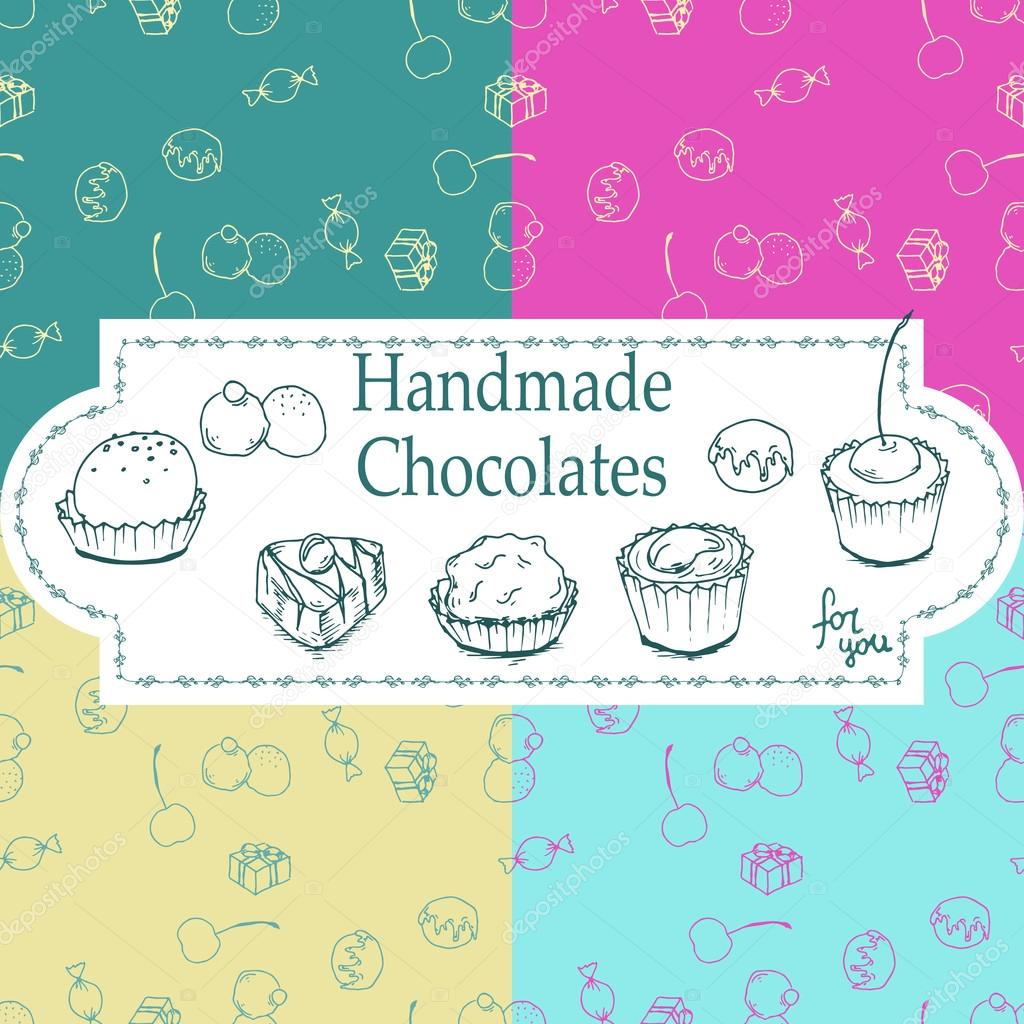 Vector handmade chocolates packaging templates and design elements for candy shop - cardboard with emblems and logos and seamless patterns.