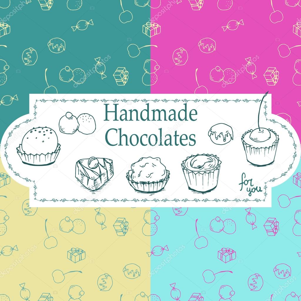 Vector handmade chocolates packaging templates and design elements for candy shop - cardboard with emblems and logos and seamless patterns