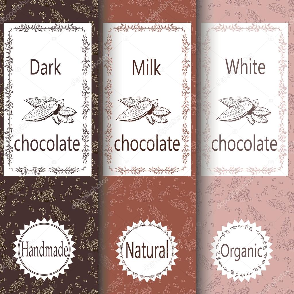 Vector set of design elements and seamless pattern for chocolate and cocoa packaging - labels and background