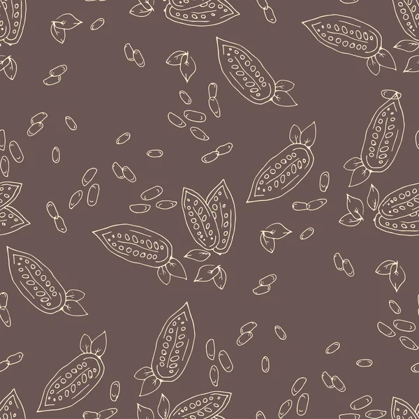 Seamless texture with cocoa fruits and cocoa leaves. Cocoa fruit on a brown background. Pattern for packaging cocoa and chocolate. Cocoa beans in vintage style