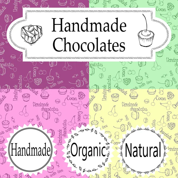 Vector handgemaakte chocolade verpakking sjablonen en ontwerpelementen voor candy shop - kartonnen met naadloze patronen, emblemen en logos — Stockvector