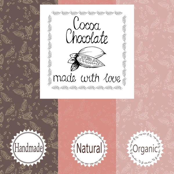 Ensemble vectoriel d "éléments de design et motif sans couture pour l'emballage de chocolat et de cacao - étiquettes et fond — Image vectorielle