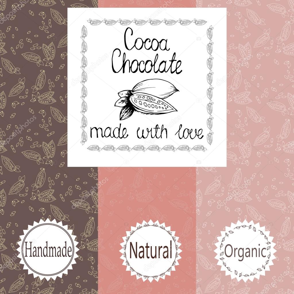 Vector set of design elements and seamless pattern for chocolate and cocoa packaging - labels and background.