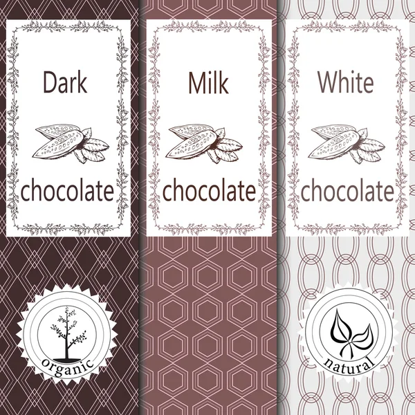 Vector set ontwerpelementen en naadloze patroon van chocolade en cacao verpakking - labels en achtergrond — Stockvector