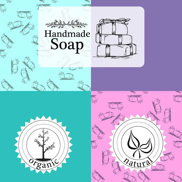 Векторный набор бесшовных шаблонов, этикеток и логотипов для упаковки мыла ручной работы и оберточной бумаги — стоковый вектор