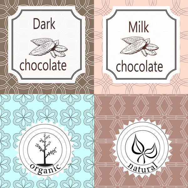 Ensemble vectoriel d "éléments de design et motif sans couture pour l'emballage de chocolat et de cacao - étiquettes et fond — Image vectorielle