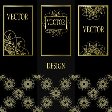 Tasarım öğeleri, etiket ve ambalaj için lüks ürünler vintage tarzı - yerler için çerçeveler ve çerçeve metin, siyah zemin üzerine altın folyo ile yapılan seamless modeli için vektör kümesi