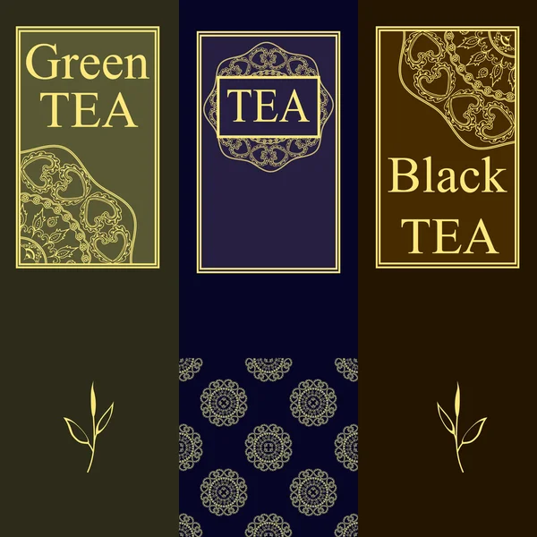 Векторний набір елементів дизайну та значків у модному лінійному стилі для упаковки чаю - зелений та чорний чай — стоковий вектор