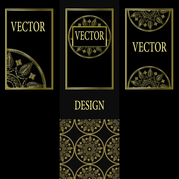 Vektor-Set von Designelementen, Etiketten und Rahmen für Verpackungen für Luxusprodukte im Vintage-Stil - Orte und Rahmen für Text, nahtloses Muster mit Goldfolie auf schwarzem Hintergrund — Stockvektor