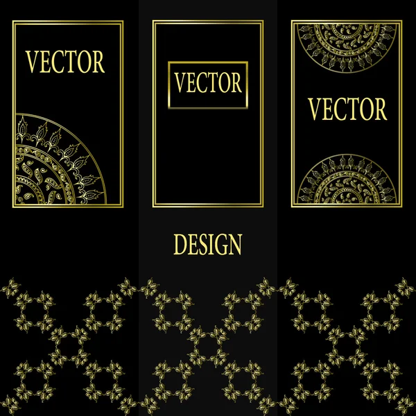 Vector set of design elements, labels and frames for packaging for luxury products in vintage style - places and frames for text, seamless pattern made with gold foil on black background — Stock Vector