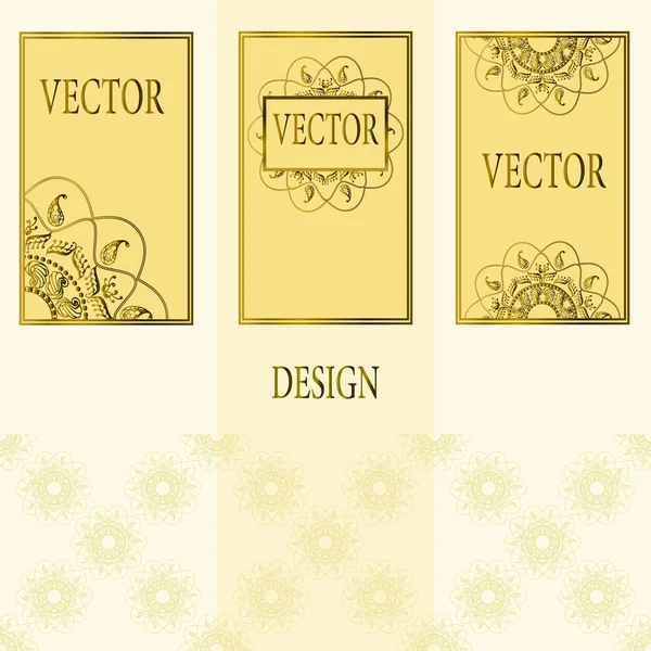 Conjunto vectorial de elementos de diseño, etiquetas y marcos para envases de productos de lujo en estilo vintage - lugares y marcos para texto, patrón sin costuras hecho con lámina de oro sobre fondo claro — Vector de stock