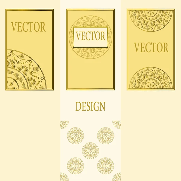 Vector set of design elements, labels and frames for packaging for luxury products in vintage style - places and frames for text, seamless pattern made with gold foil on light background — Stock Vector
