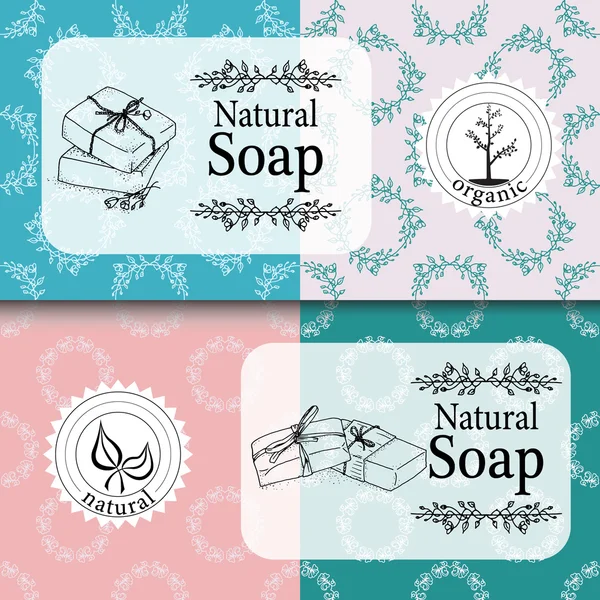 Векторный набор бесшовных шаблонов, этикеток и логотипов для упаковки мыла ручной работы и оберточной бумаги — стоковый вектор