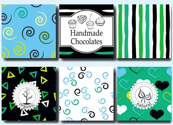 Vector handgemaakte chocolade verpakking sjablonen en ontwerpelementen voor candy shop - kartonnen met naadloze patronen, emblemen en logos — Stockvector