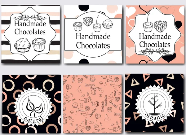 Vector handgemaakte chocolade verpakking sjablonen en ontwerpelementen voor candy shop - kartonnen met naadloze patronen, emblemen en logos — Stockvector