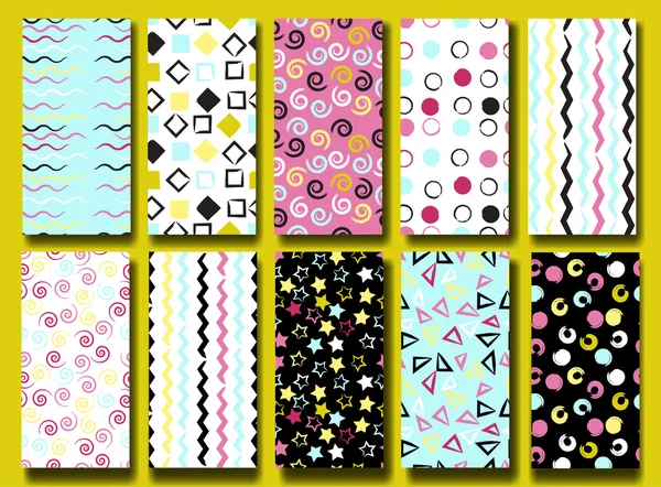 10 Cute different vector seamless patterns . Wavy lines, squares, swirles, circles, triangles and stars.  Endless texture can be used for printing onto fabric or paper. — Stock Vector