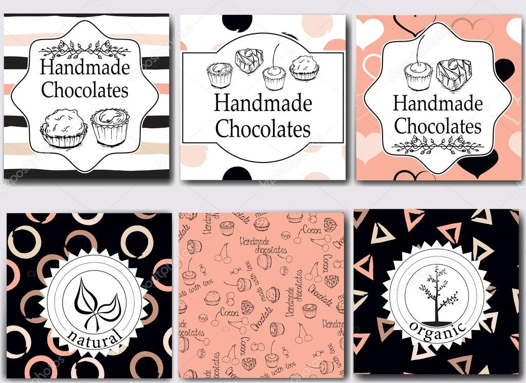 Vector handmade chocolates packaging templates and design elements for candy shop - cardboard with emblems and logos and seamless patterns