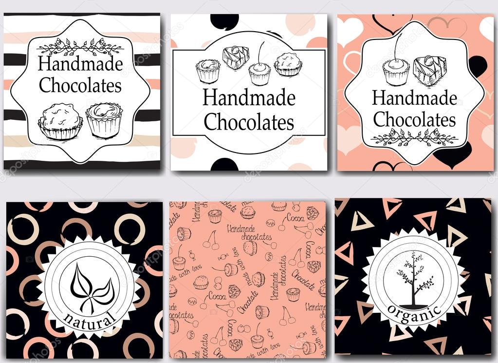 Vector handmade chocolates packaging templates and design elements for candy shop - cardboard with emblems and logos and seamless patterns.