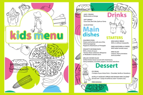 Bonito colorido crianças refeição menu vetor modelo com engraçado desenho animado cozinha menino. Diferentes tipos de pratos em um fundo de supermercado desenhado à mão — Vetor de Stock