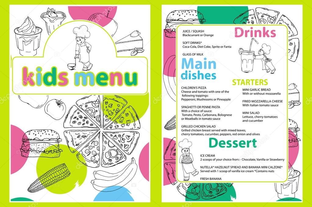 Cute colorful kids meal menu vector template with funny cartoon kitchen boy. Different types of dishes on a hand drawn grocery background