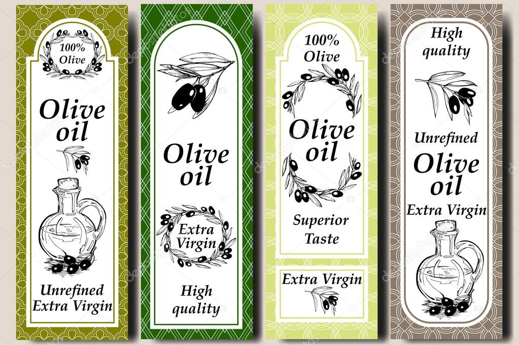 Vector packaging design elements and templates for olive oil labels and bottles - seamless patterns for background and stickers with logos. Hand drawn olive branch with olives, bottle of olive oil.