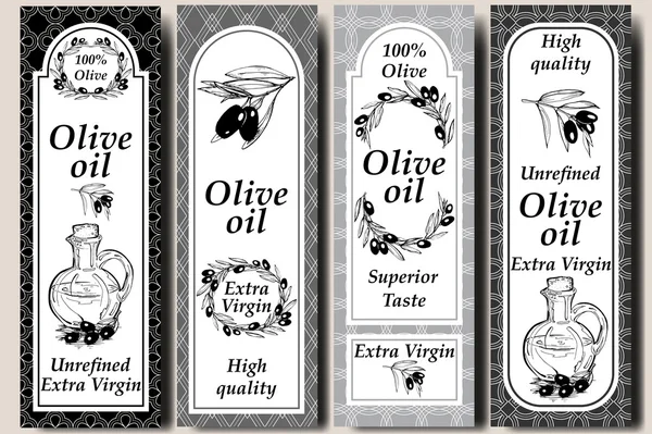 Vektorové obalové prvky a šablony pro štítky a láhve z olivového oleje-bezešvé vzory pro pozadí a nálepky s logy. Ručně tažené olivové háje s olivami, láhev olivového oleje — Stockový vektor