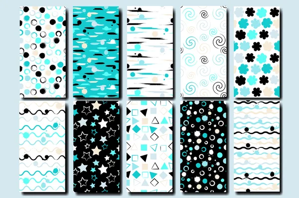 10 Sevimli farklı vektör dikişsiz desenler . Dalgalı çizgiler, kareler, girdap, daireler, üçgenler ve yıldızlar. Fırça darbeleri ve lekeler. Sonsuz doku kumaş veya kağıt üzerine yazdırmak için kullanılabilir