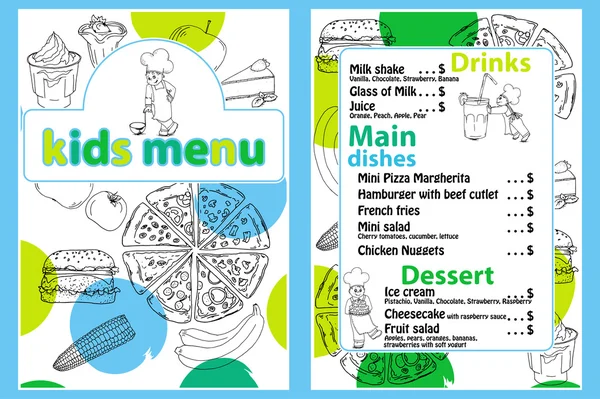 Lindo colorido menú de comida para niños plantilla vectorial con divertido niño de la cocina de dibujos animados. Diferentes tipos de platos sobre un fondo de supermercado dibujado a mano — Vector de stock