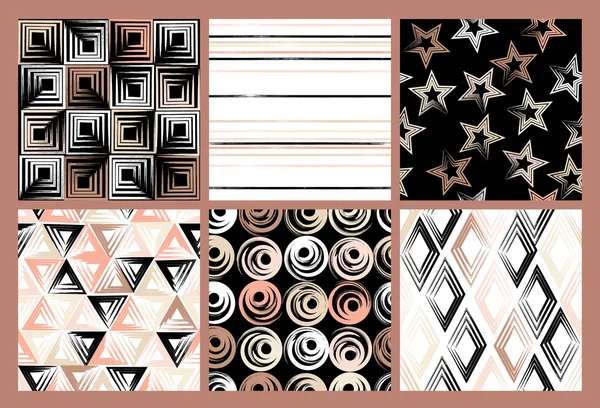 6 Sevimli farklı vektör dikişsiz desenler . Girdap, daireler, fırça darbeleri, kareler, soyut geometrik şekiller, yıldızlar. Polka noktaları, çizgiler