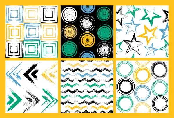6 Sevimli farklı vektör dikişsiz desenler. Girdap, daireler, fırça darbeleri, kareler, soyut geometrik şekiller. Polka noktaları ve çizgileri. Sonsuz doku kumaş veya kağıt üzerine yazdırmak için kullanılabilir