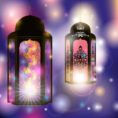 Ramazan Kareem, arkaplanda bulanık bir şekilde güzel bir Arapça lamba ve el yazısı ile selamlıyor. Vektör illüstrasyonu.